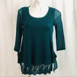 LC Lauren Conrad Top Tunic Green Lace Long Sleeve Side Bow Ties